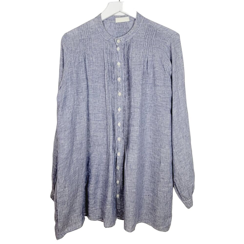 CP Shades 100% Linen Pintuck Long Sleeve Shirt Blue - Size Small